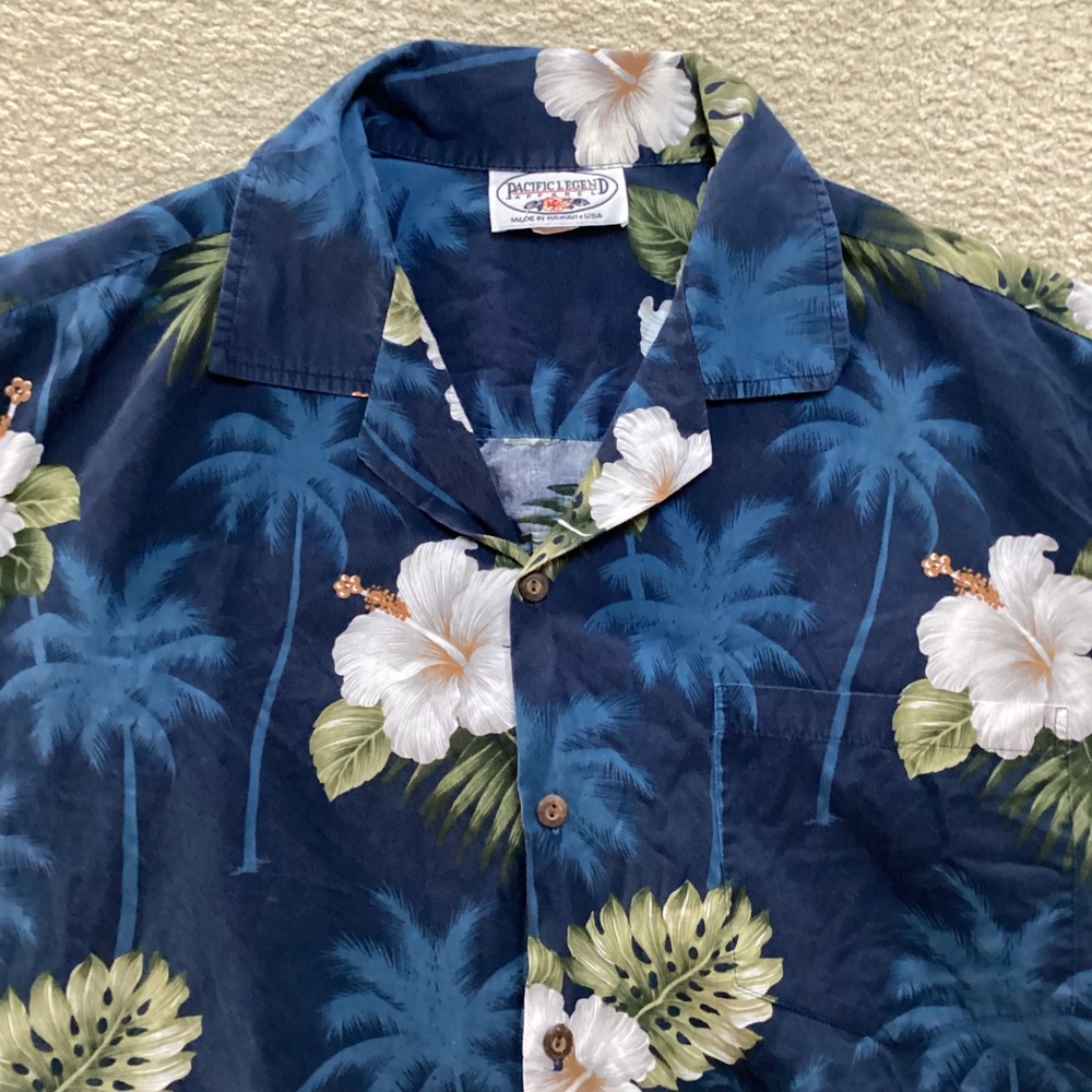 Pacific Legend Hawaiian Shirt Mens Large Navy Hibiscus Palm Monstera Cotton USA